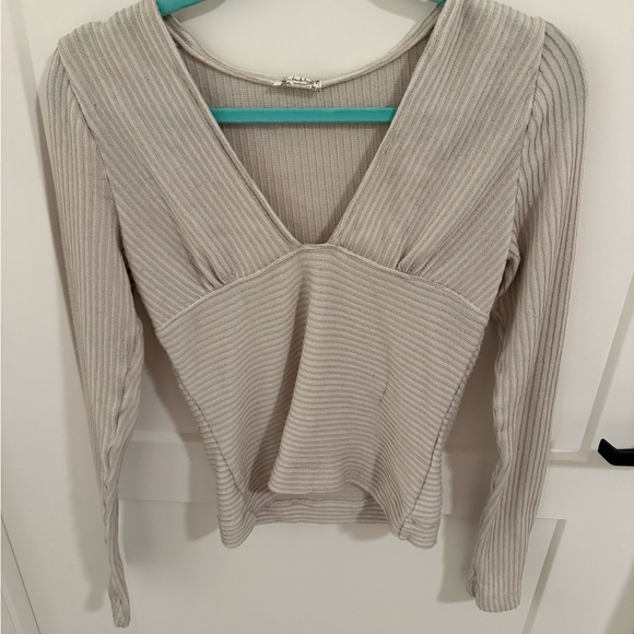 Intimately By Free People Tops - Free People Intimately Ribbed V Neck Long Sleeve Top Large Beige Fitted Boho
